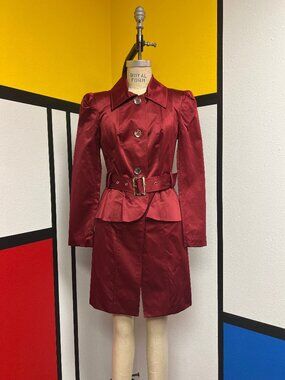 NWT Bebe Maroon Satin Belted Peplum Trench Coat Princess Sleeves Small $159